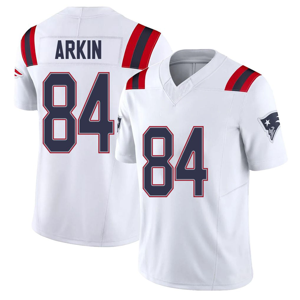 New England #84 Arkin Player Football V Neck Short Sleeve White Jersey Tanner For Men Youth Women Gift