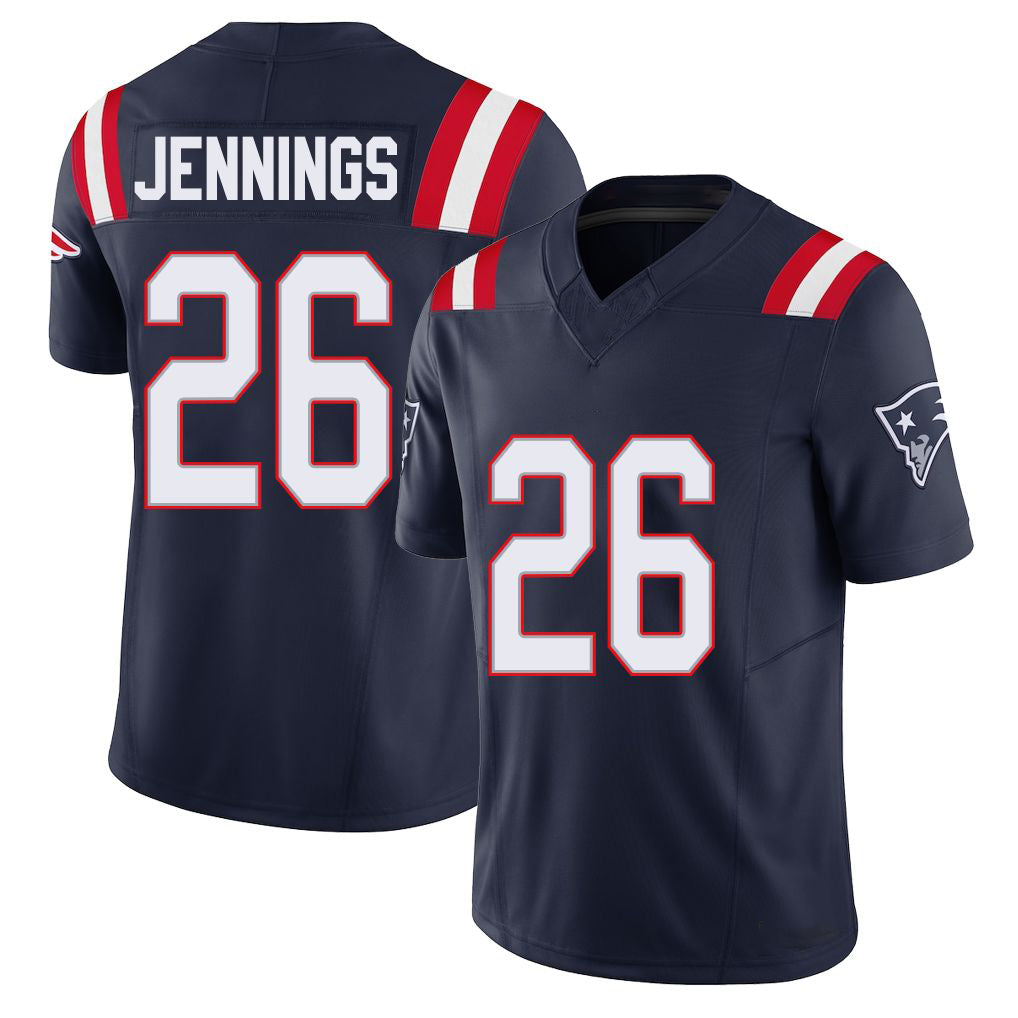 New England #26 Jennings Player Football V Neck Short Sleeve Navy Jersey Terrell For Men Youth Women Gift