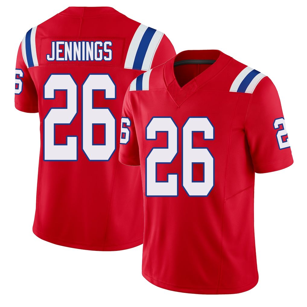 New England #26 Jennings Player Football V Neck Short Sleeve Red Jersey Terrell For Men Youth Women Gift