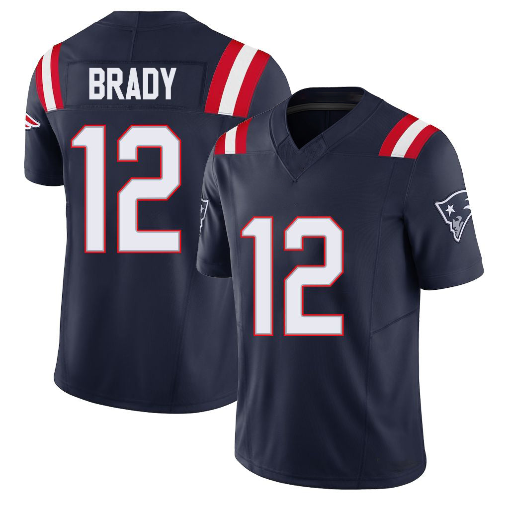 New England #12 Brady Player Football V Neck Short Sleeve Navy Jersey Tom For Men Youth Women Gift