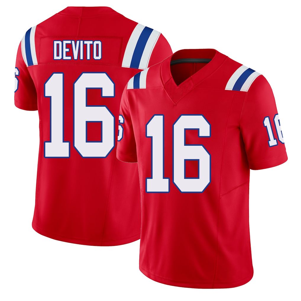 New England #16 DeVito Player Football V Neck Short Sleeve Red Jersey Tommy For Men Youth Women Gift