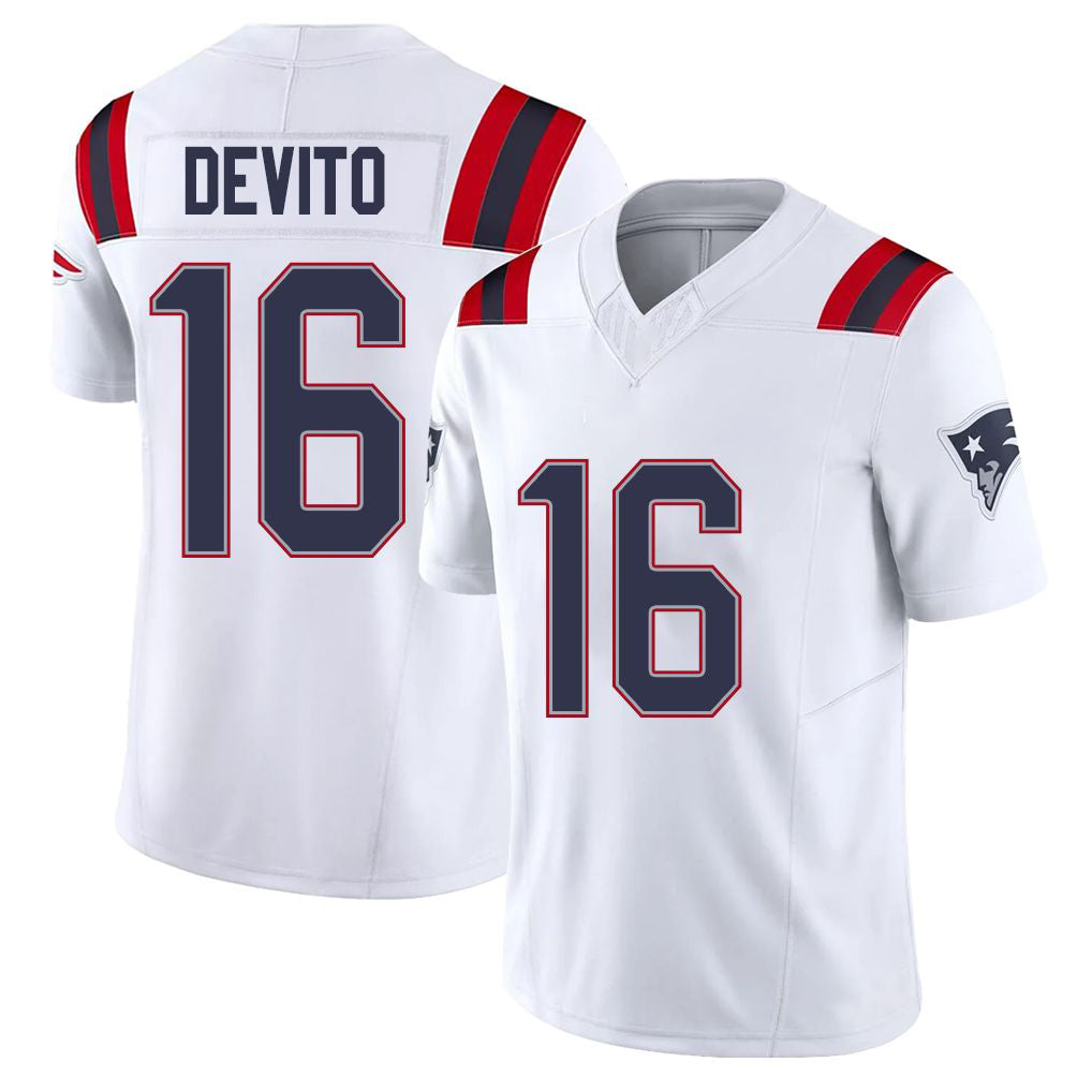New England #16 DeVito Player Football V Neck Short Sleeve White Jersey Tommy For Men Youth Women Gift