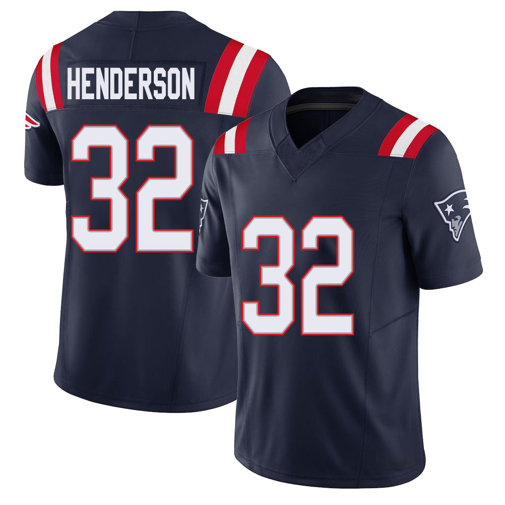 New England #32 Henderson Player Football V Neck Short Sleeve Navy Jersey TreVeyon For Men Youth Women Gift