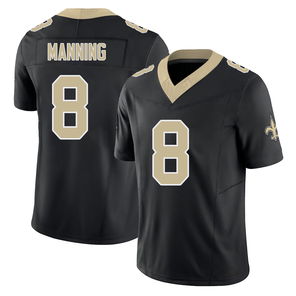 New Orleans #8 Archie Player Football V Neck Short Sleeve Black Jersey Manning For Men Youth Women Gift