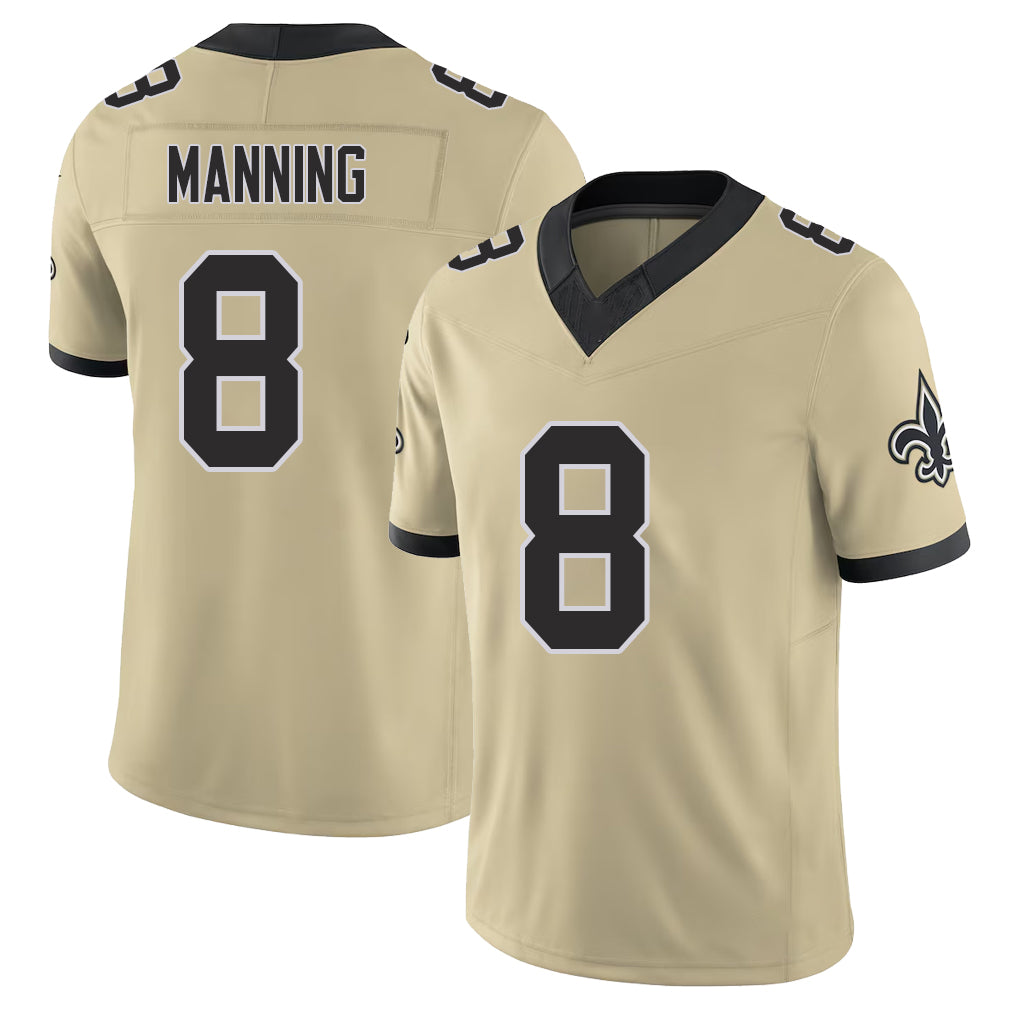 New Orleans #8 Archie Player Football V Neck Short Sleeve Gold Jersey Manning For Men Youth Women Gift