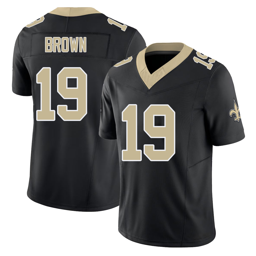 New Orleans #19 Barion Player Football V Neck Short Sleeve Black Jersey Brown For Men Youth Women Gift