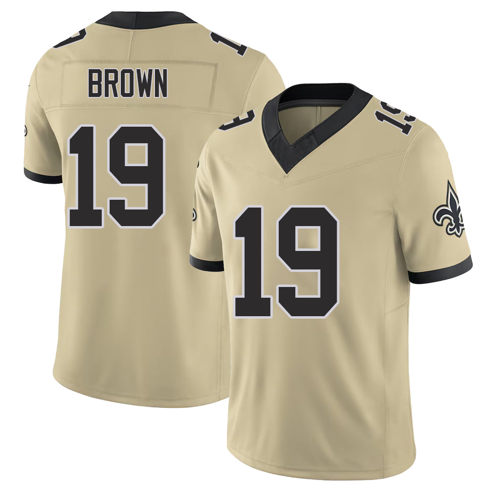 New Orleans #19 Barion Player Football V Neck Short Sleeve Gold Jersey Brown For Men Youth Women Gift