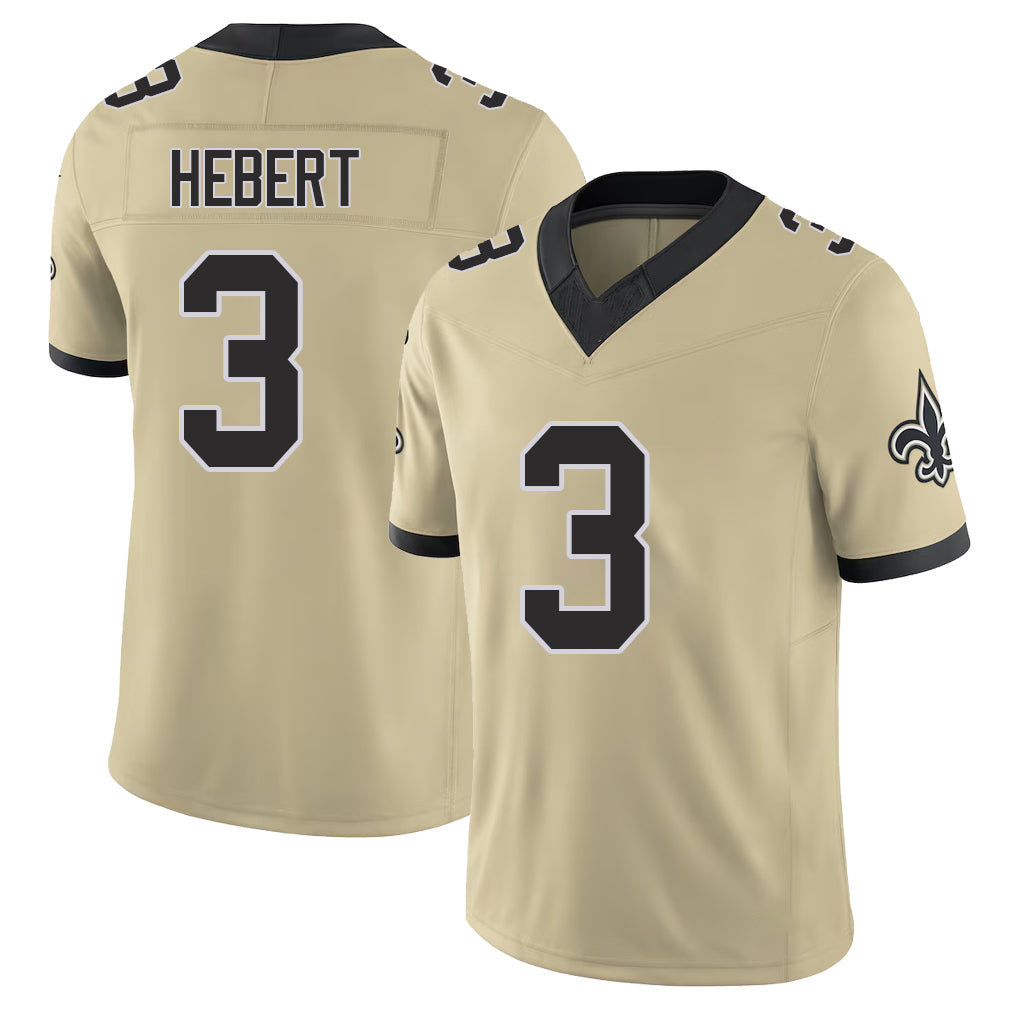 New Orleans #3 Bobby Player Football V Neck Short Sleeve Gold Jersey Hebert For Men Youth Women Gift