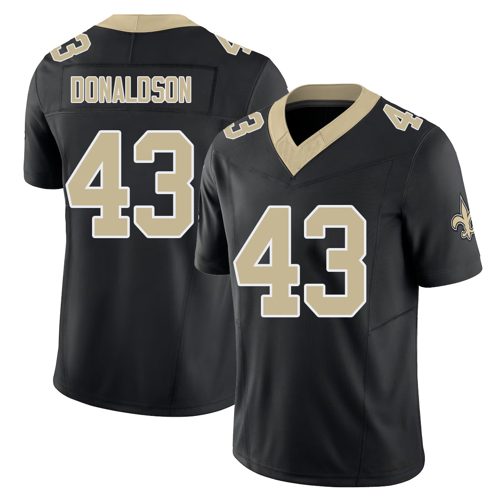 New Orleans #43 CJ Player Football V Neck Short Sleeve Black Jersey Donaldson For Men Youth Women Gift