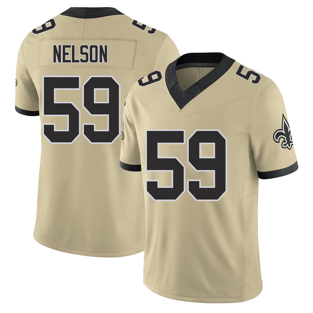 New Orleans #59 Garrett Player Football V Neck Short Sleeve Gold Jersey Nelson For Men Youth Women Gift