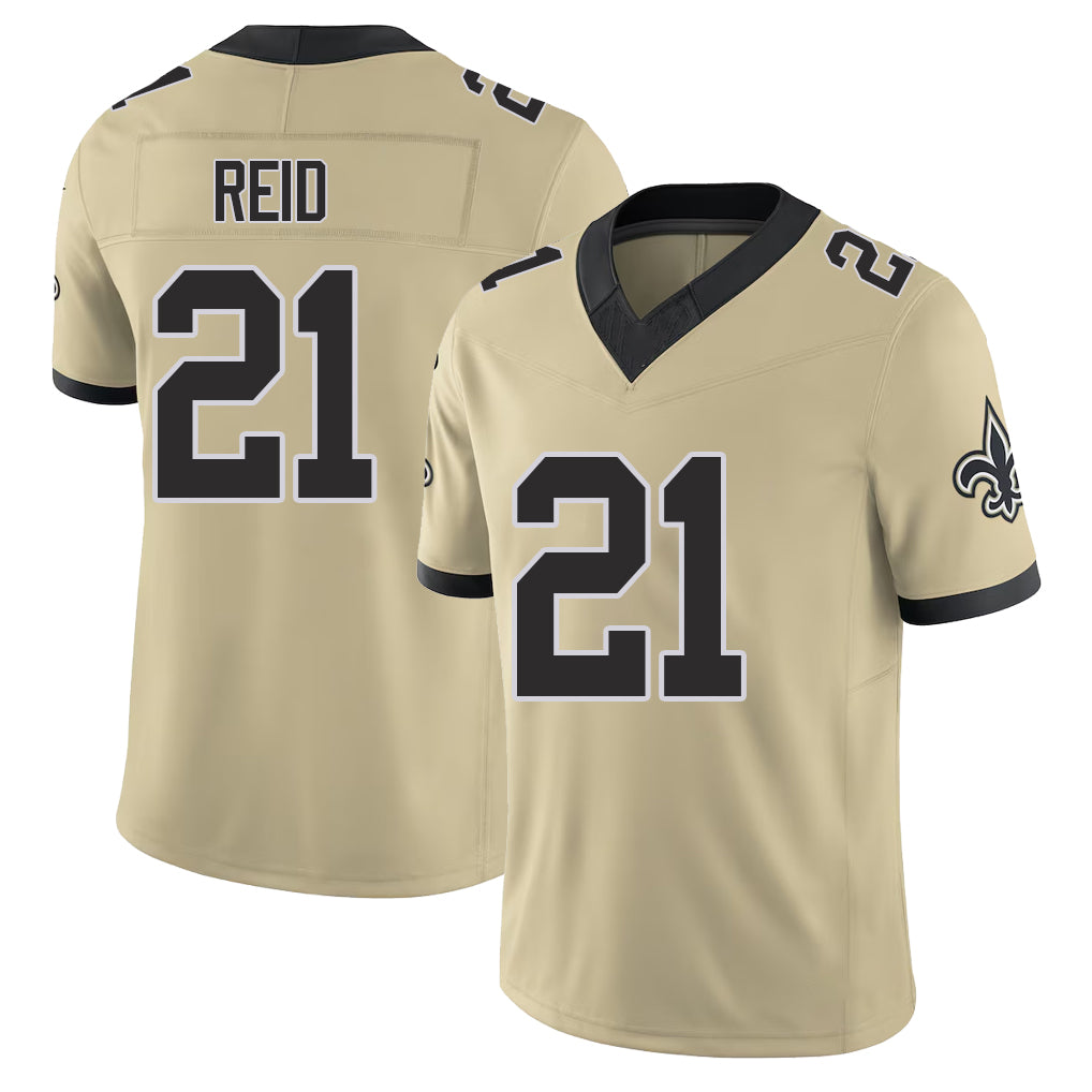 New Orleans #21 Justin Player Football V Neck Short Sleeve Gold Jersey Reid For Men Youth Women Gift
