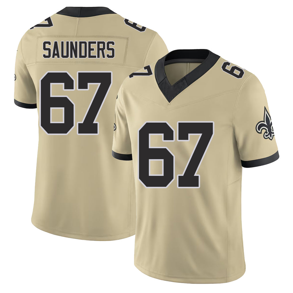 New Orleans #67 Kahlil Player Football V Neck Short Sleeve Gold Jersey Saunders For Men Youth Women Gift