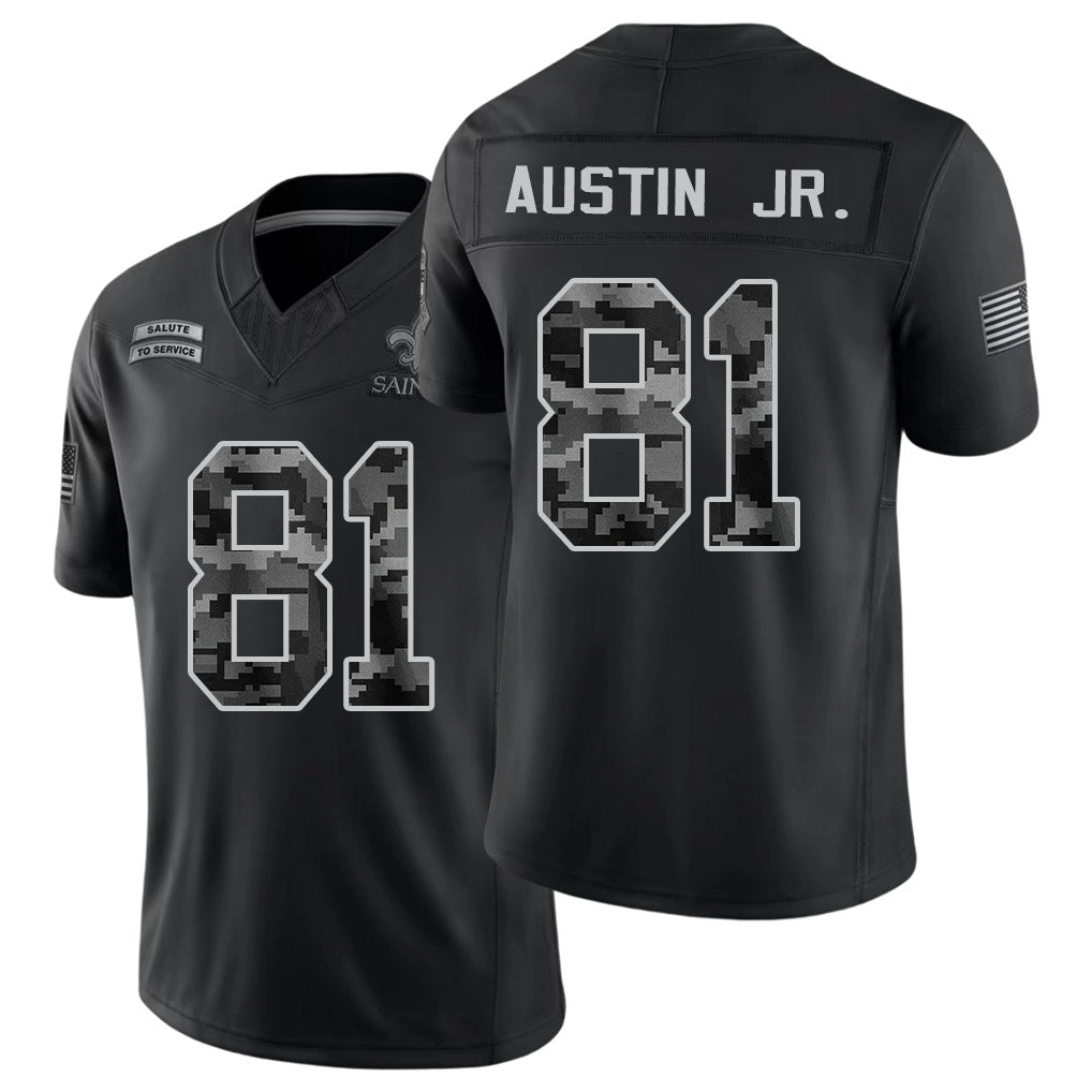New Orleans #81 Austin Jr. Player Football V Neck Short Sleeve Black Jersey Kevin For Men Youth Women Gift