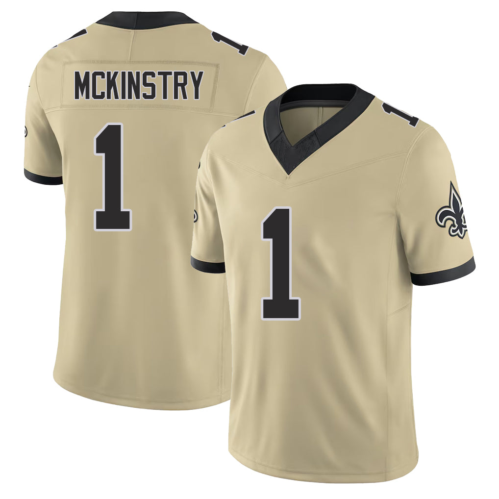 New Orleans #1 Kool-Aid Player Football V Neck Short Sleeve Gold Jersey McKinstry For Men Youth Women Gift