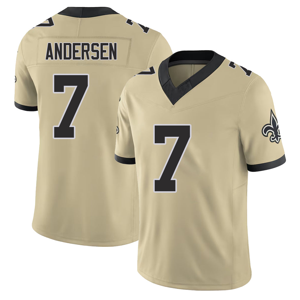 New Orleans #7 Morten Player Football V Neck Short Sleeve Gold Jersey Andersen For Men Youth Women Gift