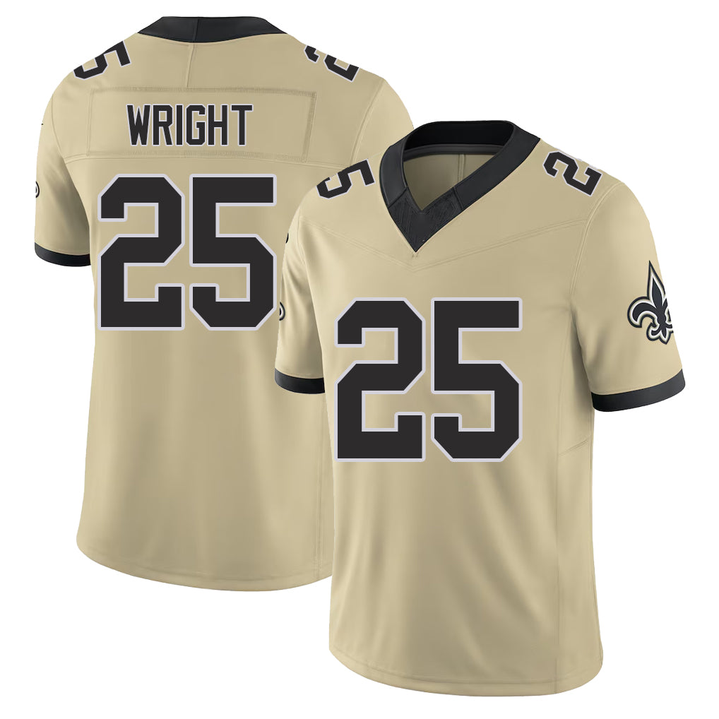 New Orleans #25 Rejzohn Player Football V Neck Short Sleeve Gold Jersey Wright For Men Youth Women Gift