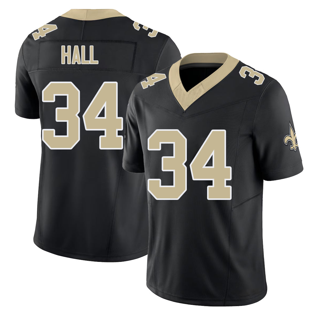 New Orleans #34 TJ Player Football V Neck Short Sleeve Black Jersey Hall For Men Youth Women Gift