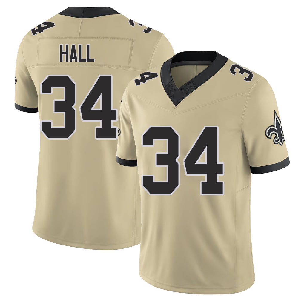 New Orleans #34 TJ Player Football V Neck Short Sleeve Gold Jersey Hall For Men Youth Women Gift