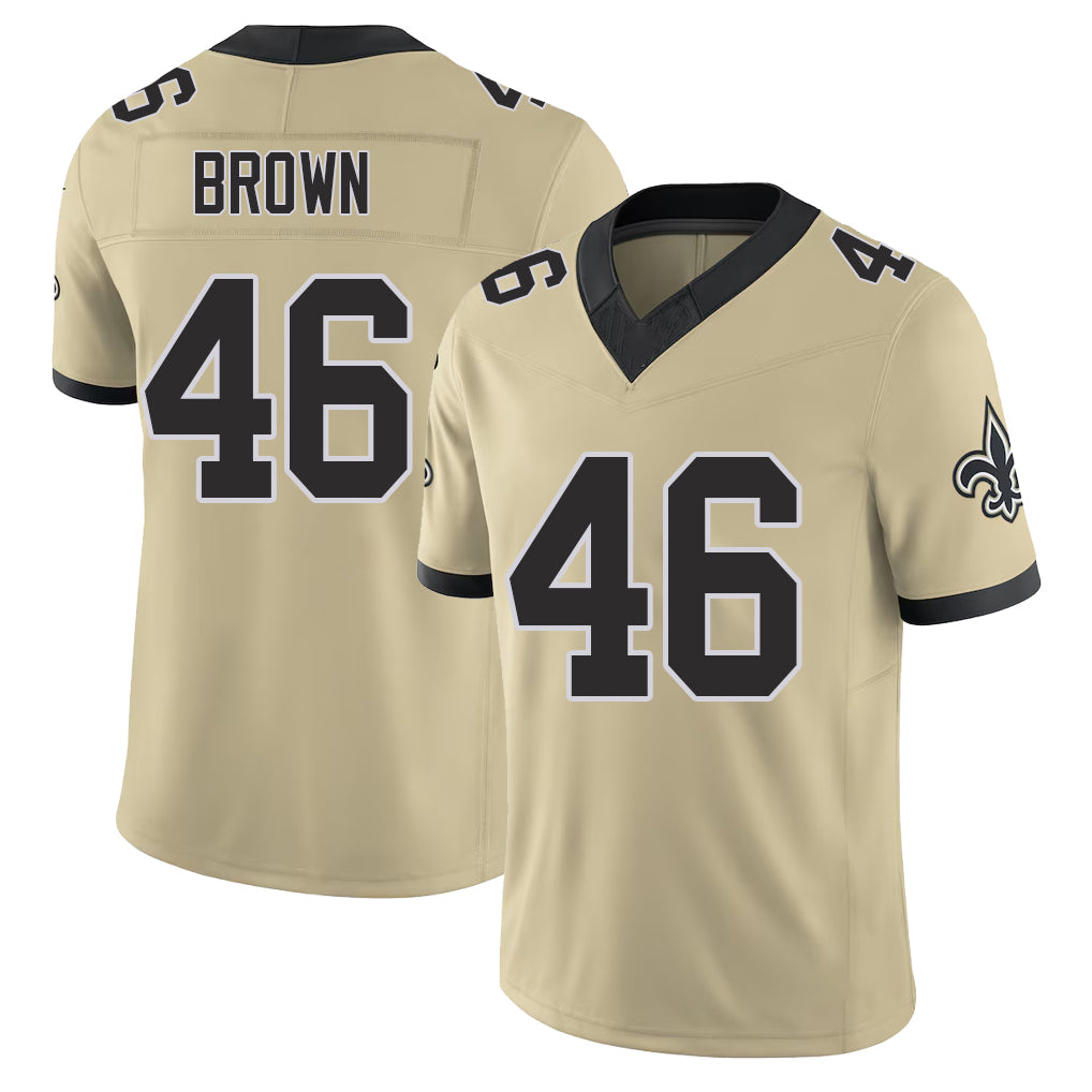 New Orleans #46 Tanner Player Football V Neck Short Sleeve Gold Jersey Brown For Men Youth Women Gift
