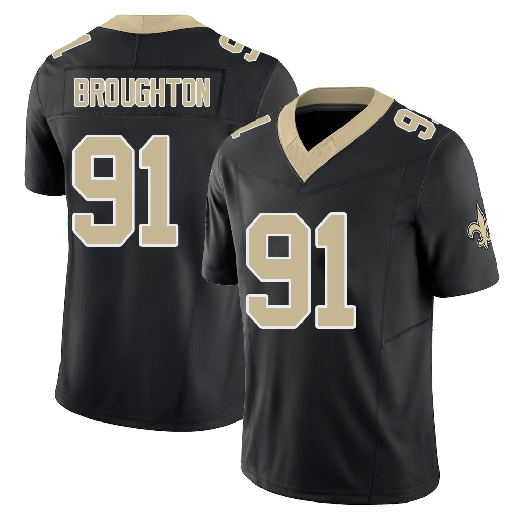 New Orleans #91 Vernon Player Football V Neck Short Sleeve Black Jersey Broughton For Men Youth Women Gift