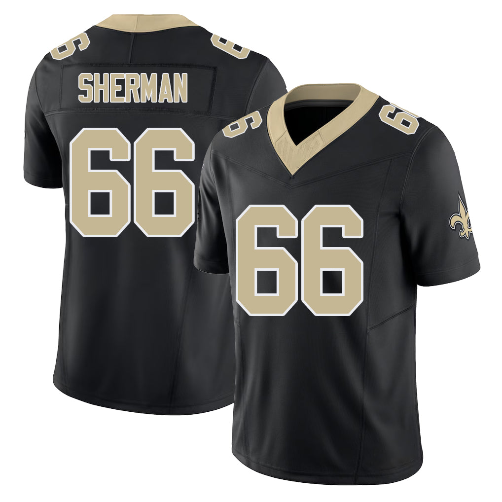 New Orleans #66 Will Player Football V Neck Short Sleeve Black Jersey Sherman For Men Youth Women Gift