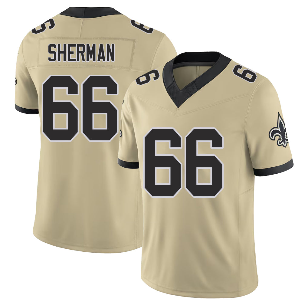 New Orleans #66 Will Player Football V Neck Short Sleeve Gold Jersey Sherman For Men Youth Women Gift