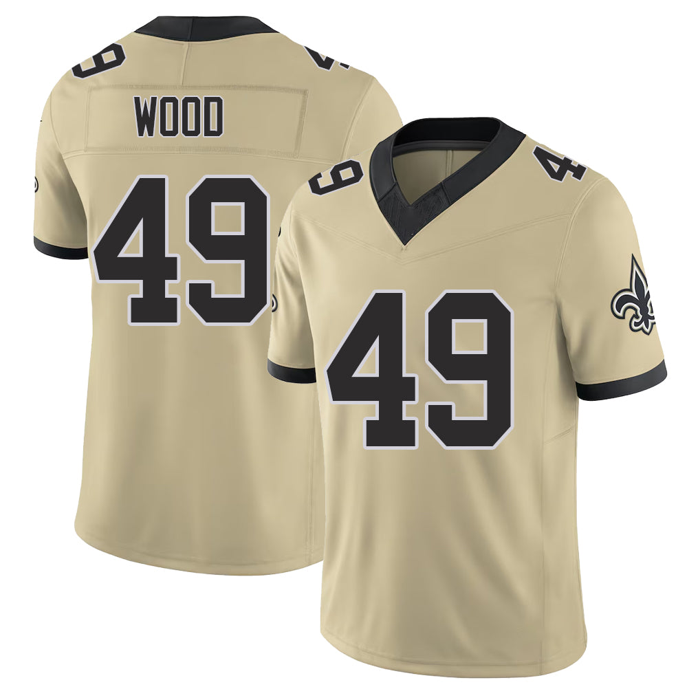 New Orleans #49 Zach Player Football V Neck Short Sleeve Gold Jersey Wood For Men Youth Women Gift