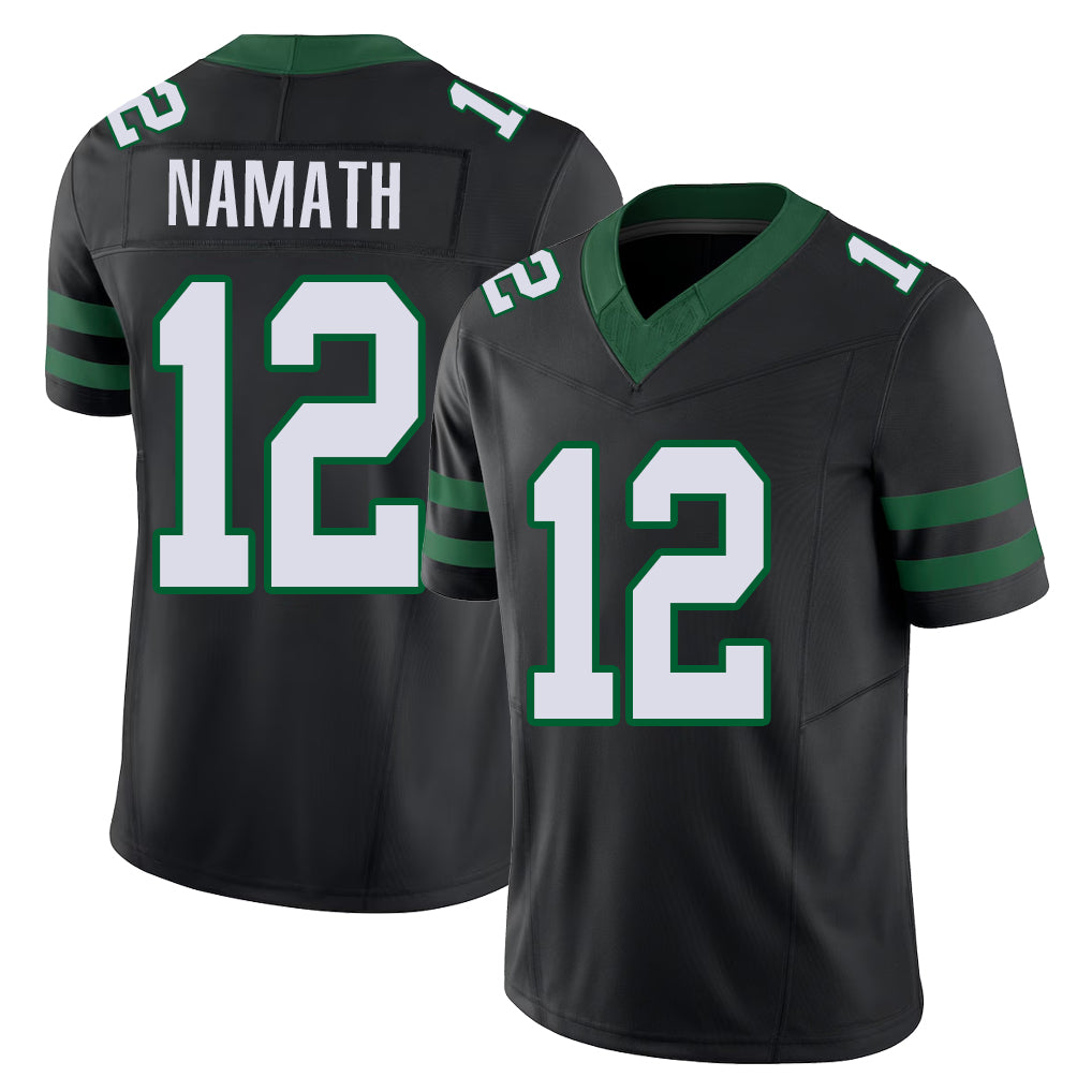 New York #12 Joe Player Football V Neck Short Sleeve Black Jersey Namath For Men Youth Women Gift