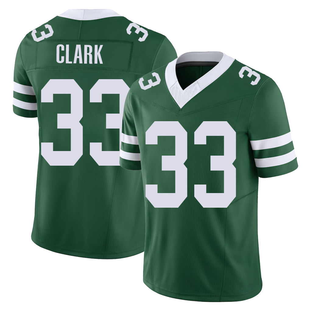New York #33 Jordan Player Football V Neck Short Sleeve Green Jersey Clark For Men Youth Women Gift