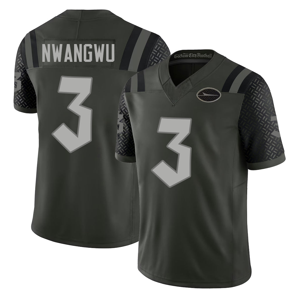 New York #3 Kene Player Football V Neck Short Sleeve Gotham Green Jersey Nwangwu For Men Youth Women Gift