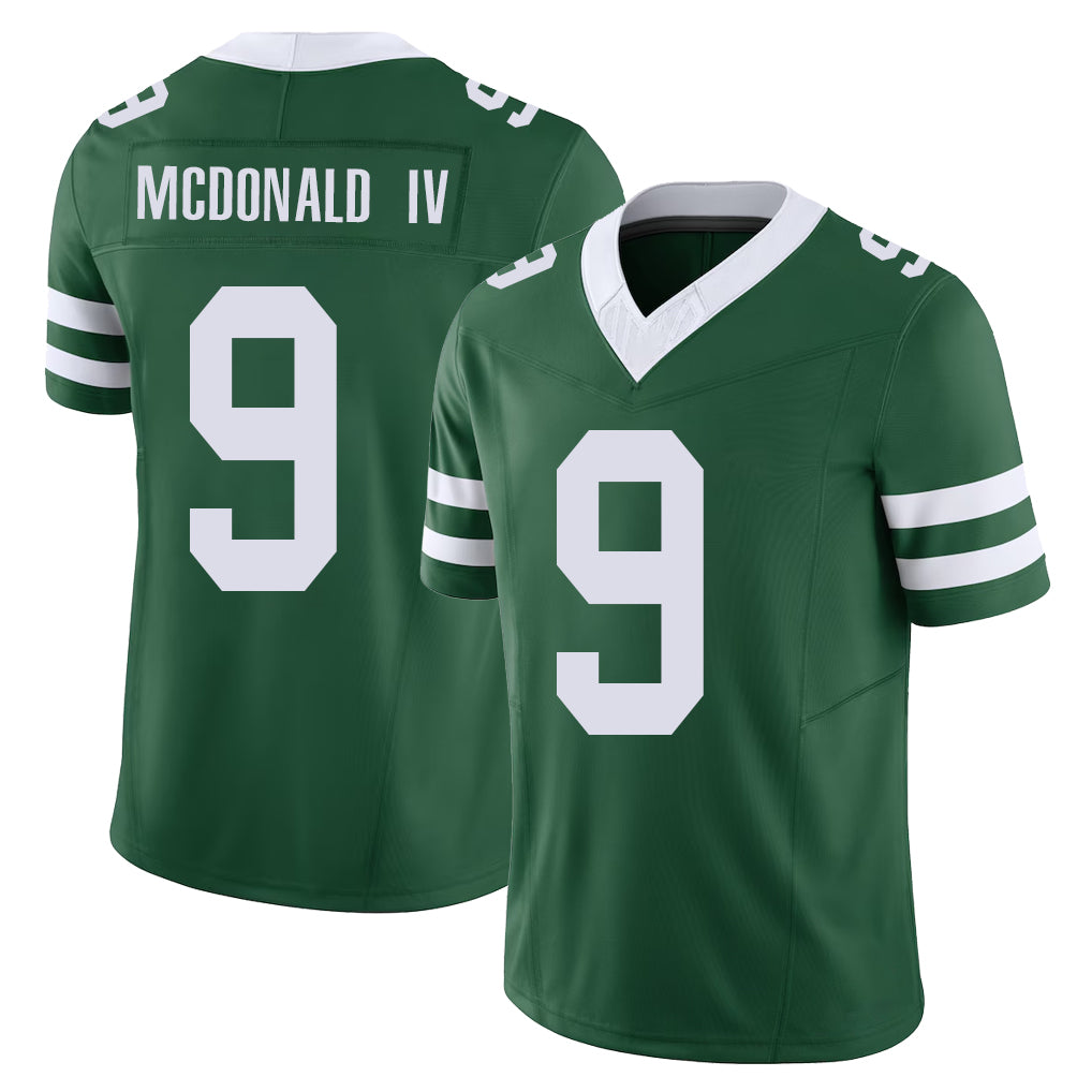 New York #9 Will Player Football V Neck Short Sleeve Green Jersey McDonald IV For Men Youth Women Gift