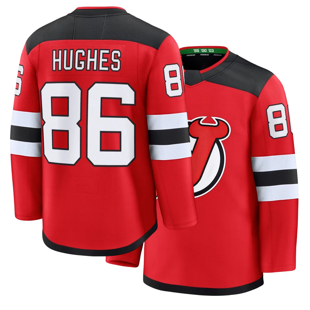 Mens New Jersey #86 Hughes Player Ice hockey Long Sleeve Red Jack Jersey