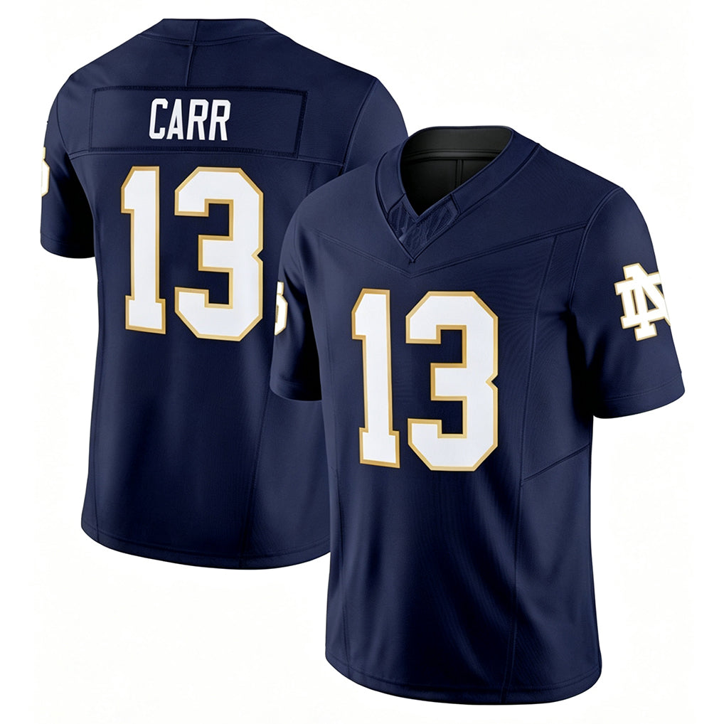 Notre Dame #13 Carr Player College Football V Neck Short Sleeve Navy Jersey CJ For Men Youth Women