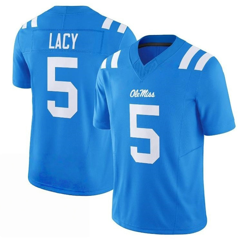 Ole Miss #5 Lacy Player College Football V Neck Short Sleeve Blue Jersey Kewan For Men Youth Women