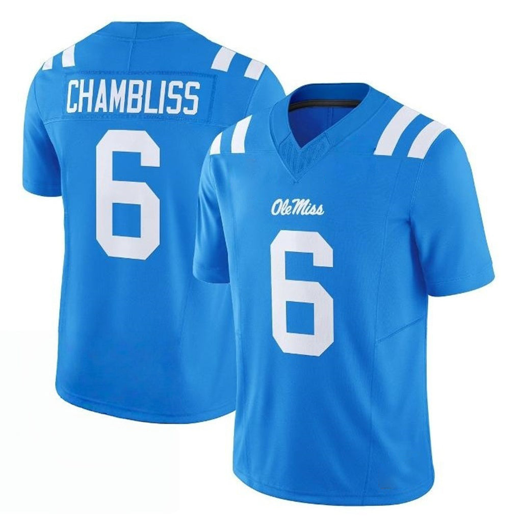 Ole Miss #6 Chambliss Player College Football V Neck Short Sleeve Blue Jersey Trinidad For Men Youth Women