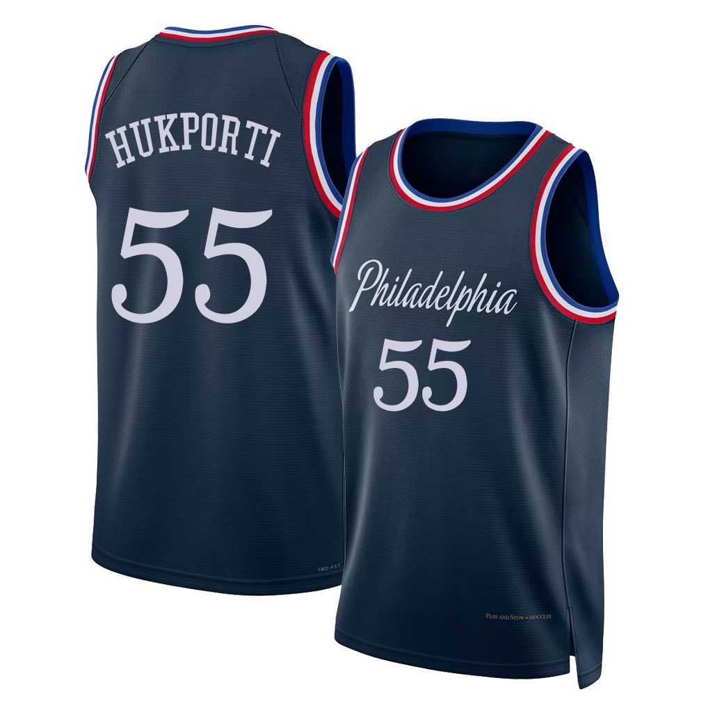 Philadelphia #55 Hukporti Player Basketball Sleeveless Navy Jersey Ariel For Adult Youth