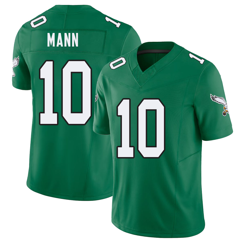 Philadelphia #10 Mann Player Football V Neck Short Sleeve Kelly Green Jersey Braden For Men Youth Women Gift