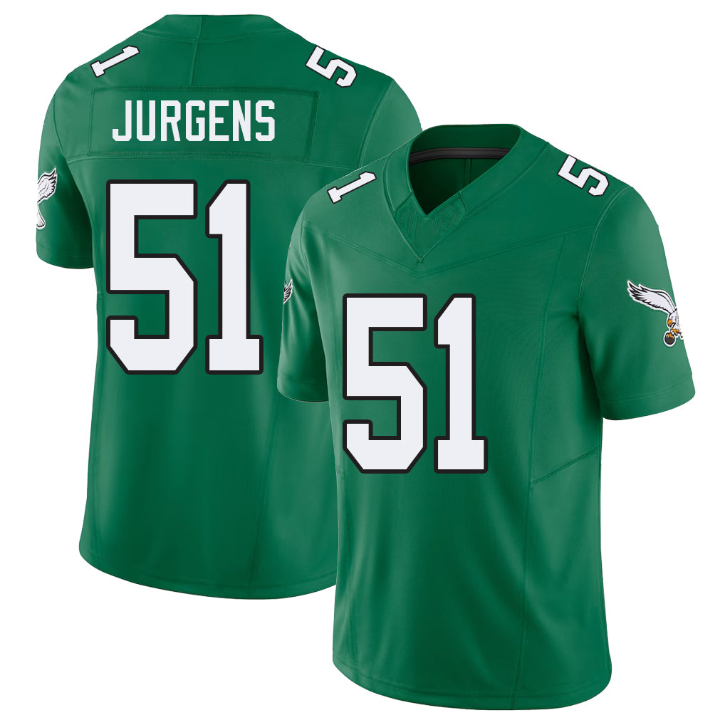 Philadelphia #51 Jurgens Player Football V Neck Short Sleeve Kelly Green Jersey Cam For Men Youth Women Gift