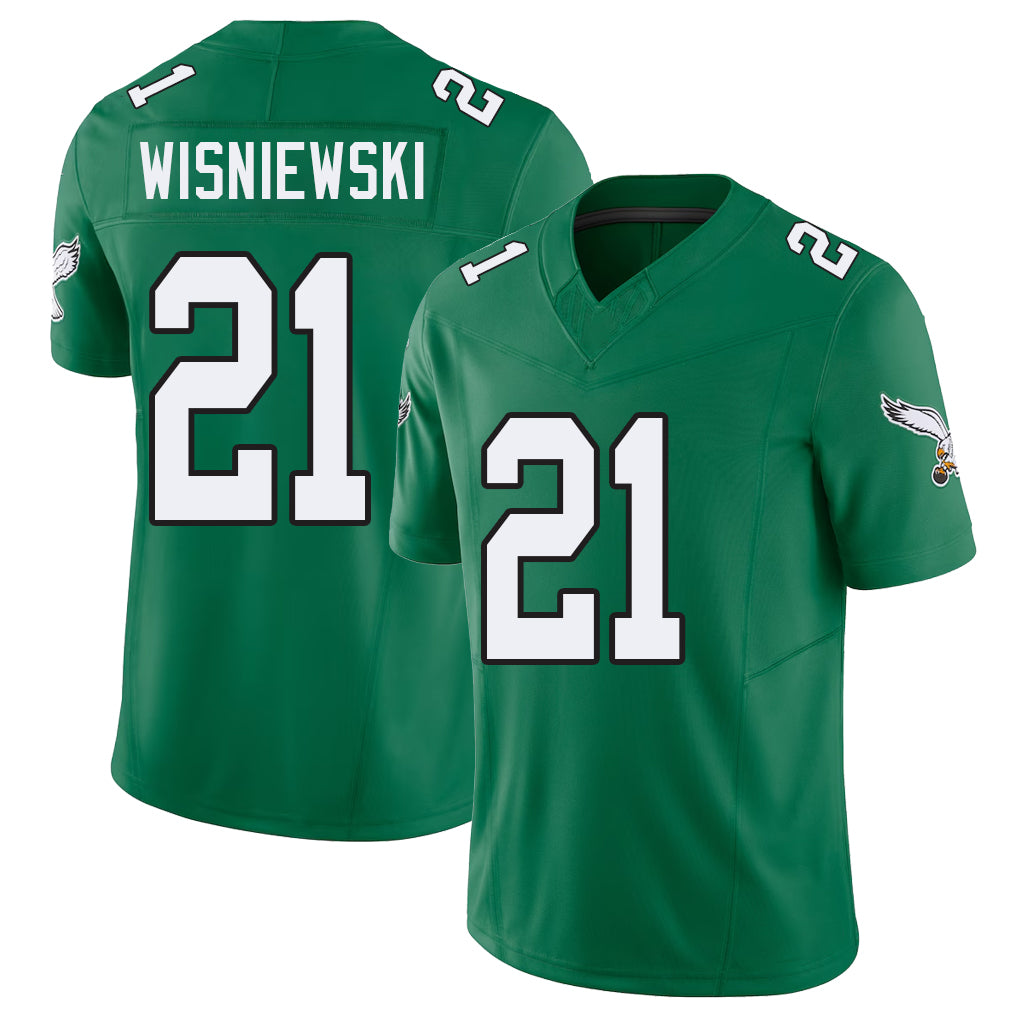Philadelphia #21 Wisniewski Player Football V Neck Short Sleeve Kelly Green Jersey Cole For Men Youth Women Gift