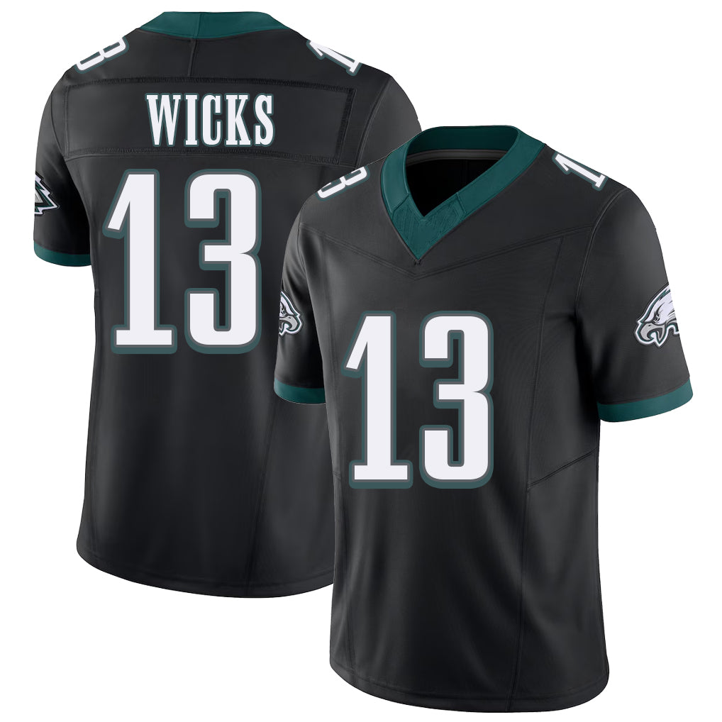 Philadelphia #13 Wicks Player Football V Neck Short Sleeve Black Jersey Dontayvion For Men Youth Women Gift