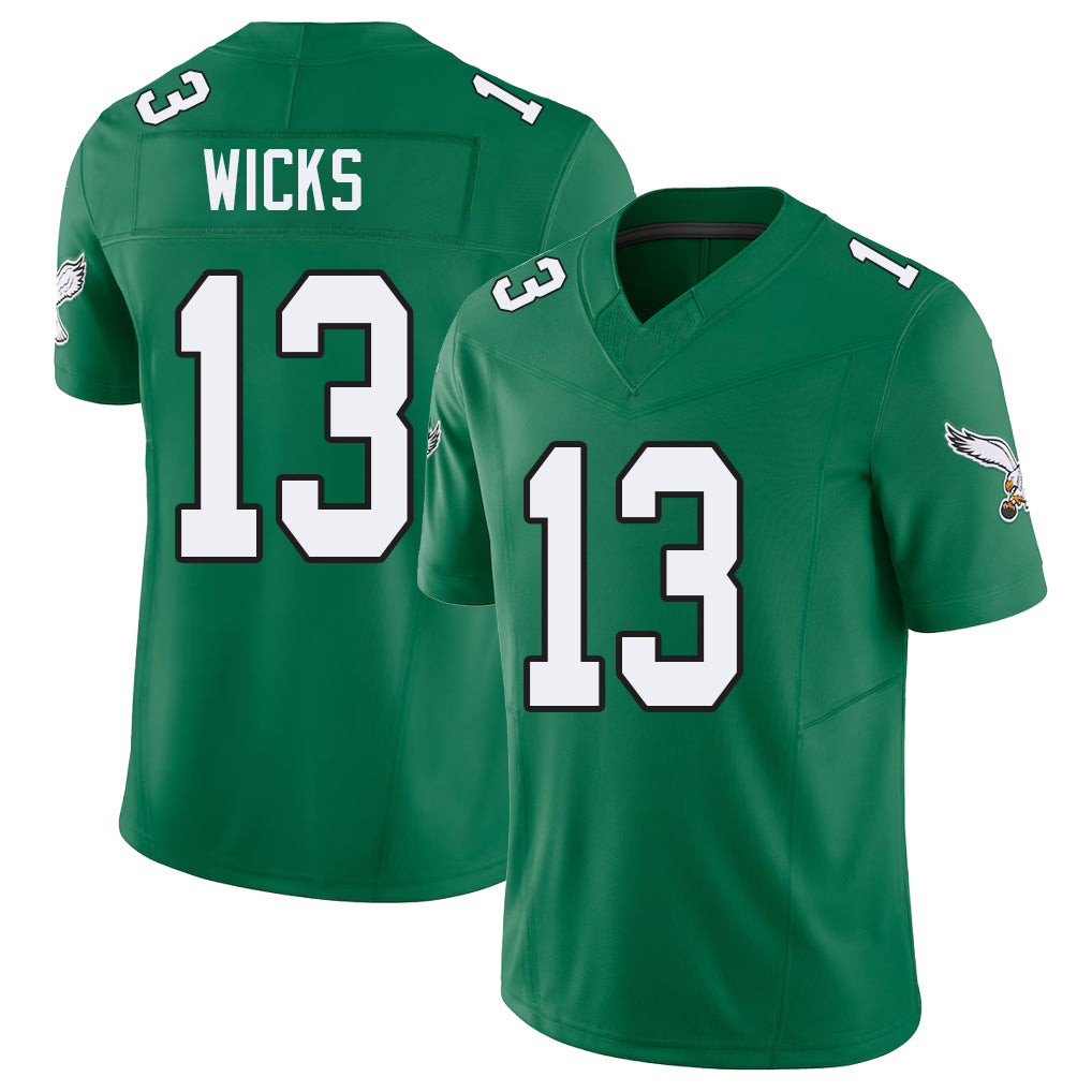 Philadelphia #13 Wicks Player Football V Neck Short Sleeve Kelly Green Jersey Dontayvion For Men Youth Women Gift