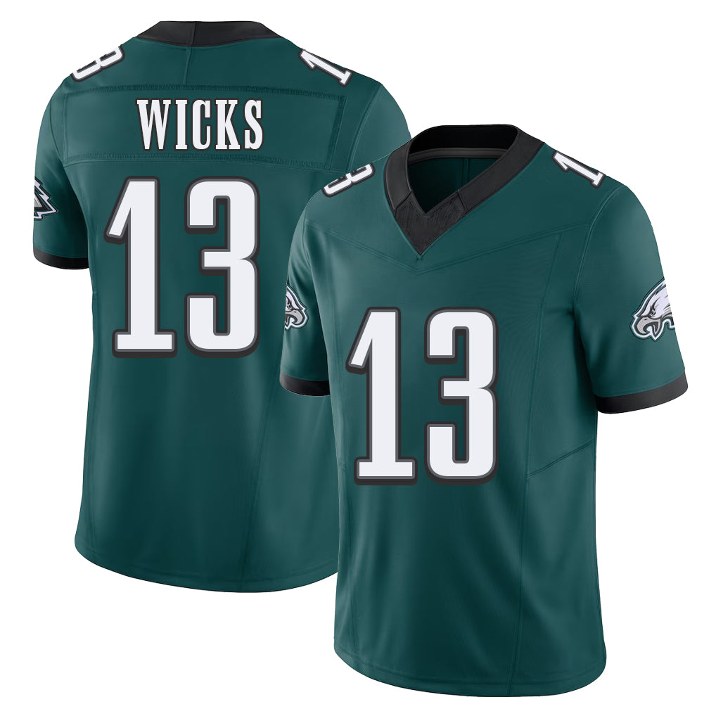 Philadelphia #13 Wicks Player Football V Neck Short Sleeve Midnight Green Jersey Dontayvion For Men Youth Women Gift