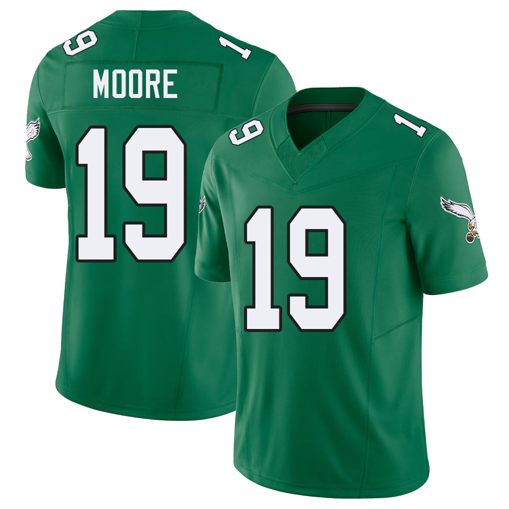 Philadelphia #19 Moore Player Football V Neck Short Sleeve Kelly Green Jersey Elijah For Men Youth Women Gift