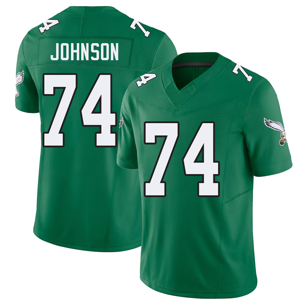 Philadelphia #74 Johnson Player Football V Neck Short Sleeve Kelly Green Jersey Fred For Men Youth Women Gift