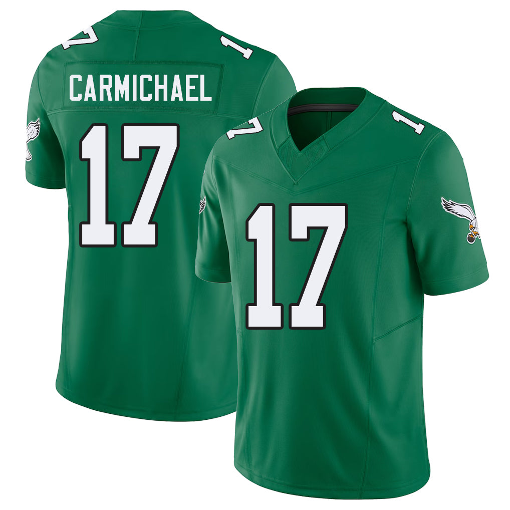 Philadelphia #17 Carmichael Player Football V Neck Short Sleeve Kelly Green Jersey Harold For Men Youth Women Gift