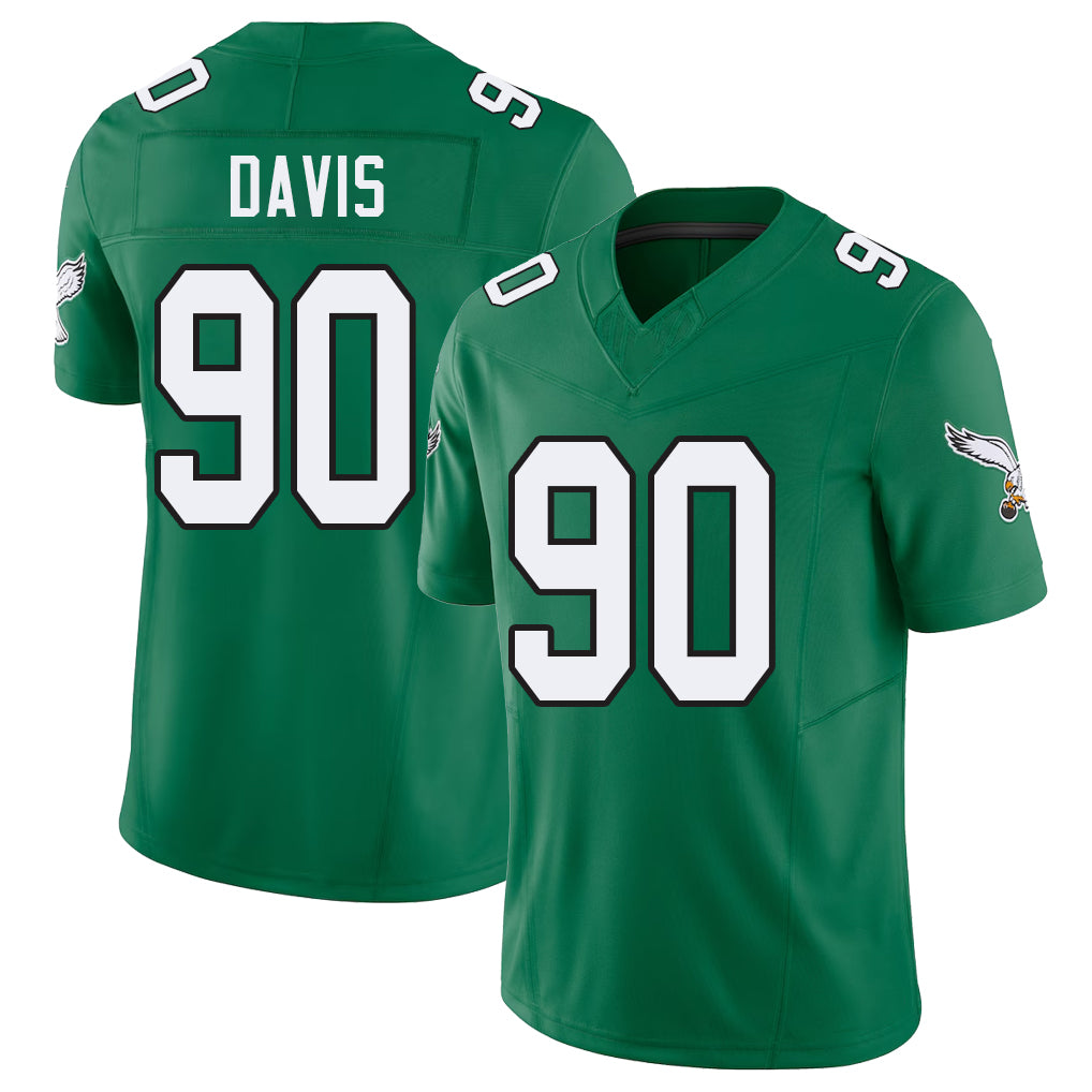 Philadelphia #90 Davis Player Football V Neck Short Sleeve Kelly Green Jersey Jordan For Men Youth Women Gift