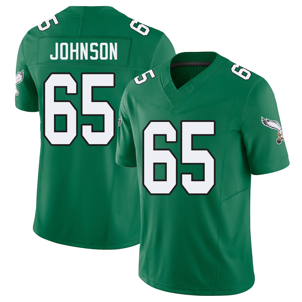 Philadelphia #65 Johnson Player Football V Neck Short Sleeve Kelly Green Jersey Lane For Men Youth Women Gift