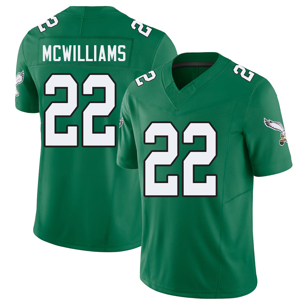 Philadelphia #22 McWilliams Player Football V Neck Short Sleeve Kelly Green Jersey Mac For Men Youth Women Gift
