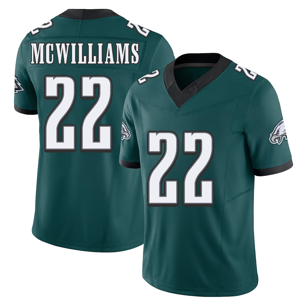 Philadelphia #22 McWilliams Player Football V Neck Short Sleeve Midnight Green Jersey Mac For Men Youth Women Gift