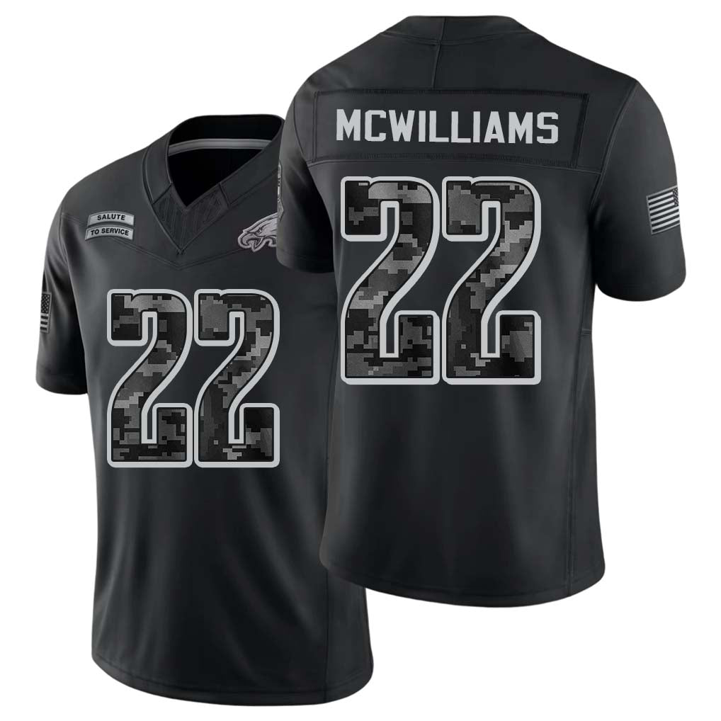 Philadelphia #22 McWilliams Player Football V Neck Short Sleeve Black Jersey Mac For Men Youth Women Gift